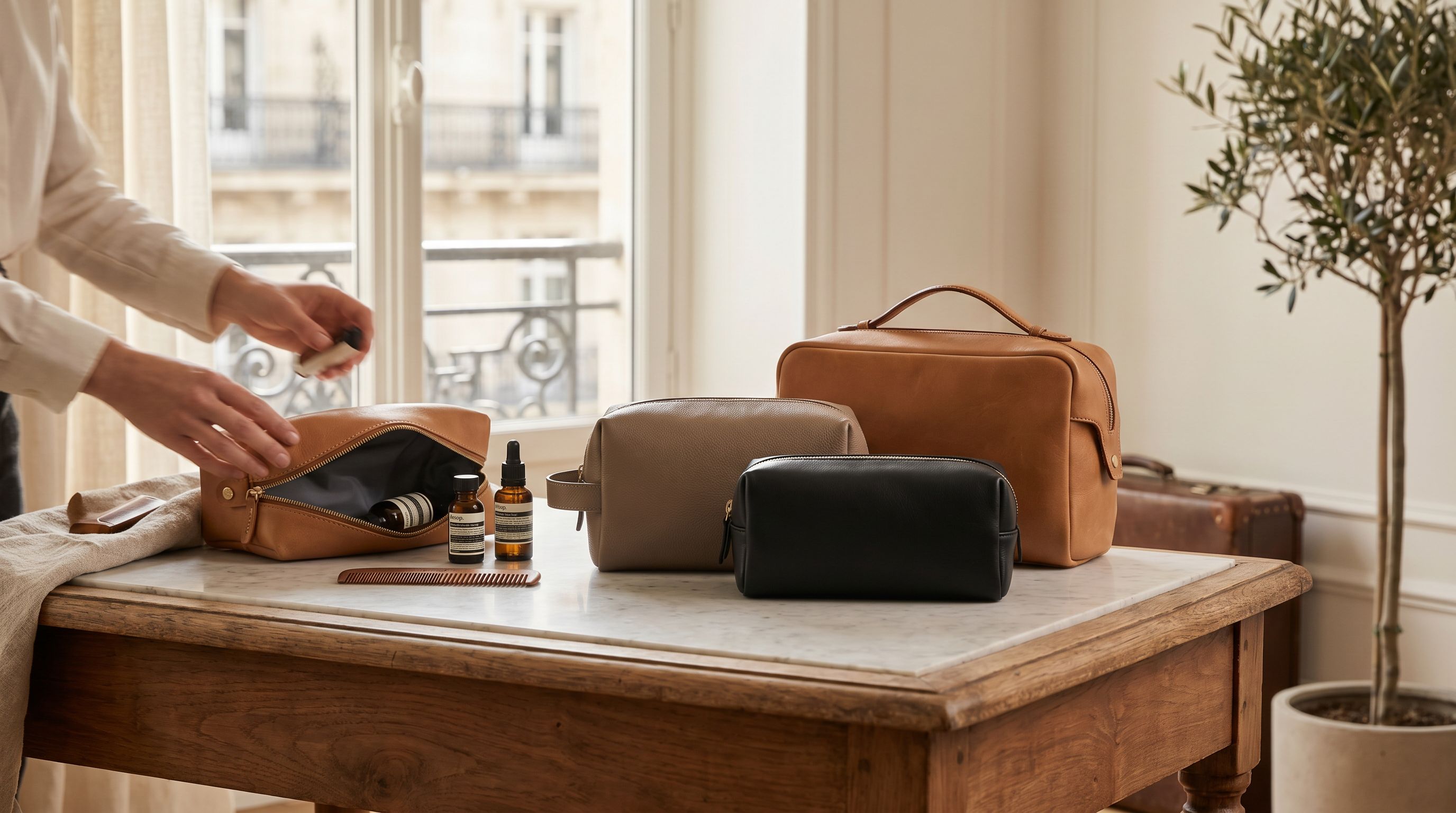 Trousse en cuir cognac sur fond ivoire, lumière jour traversière